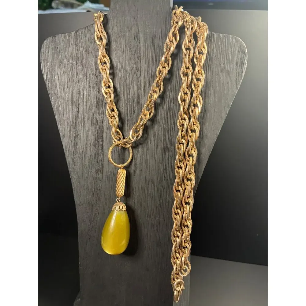 Vintage Chunky Gold Chain Necklace Large Olive Drop Pendant